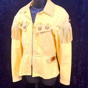 Vtg 80’s Canary Yellow Denim Fringe Jacket by Cache Size M, EVC